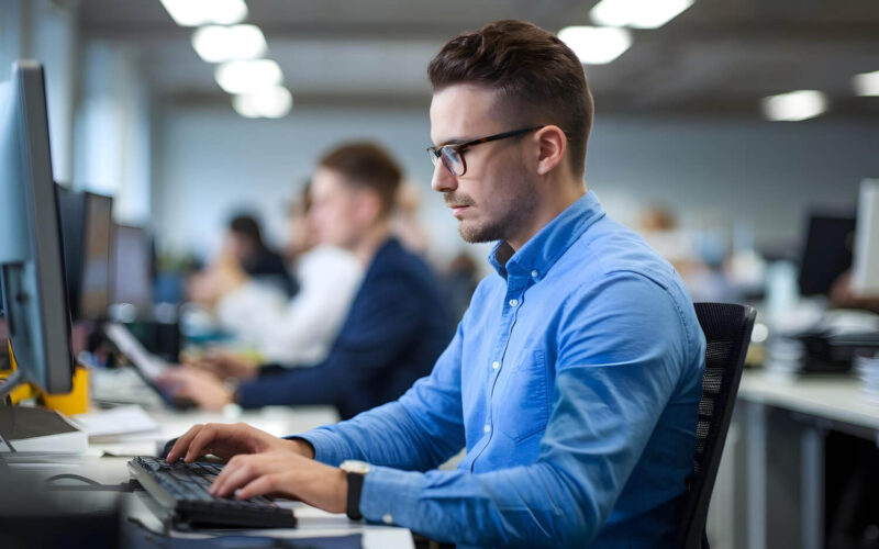 Administrator IT przy biurku komputerowym kontroluje konfigurację stanowisk w firmie